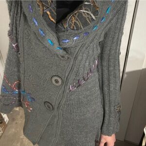 Gray Button-Up Cardigan with Embroidered Details